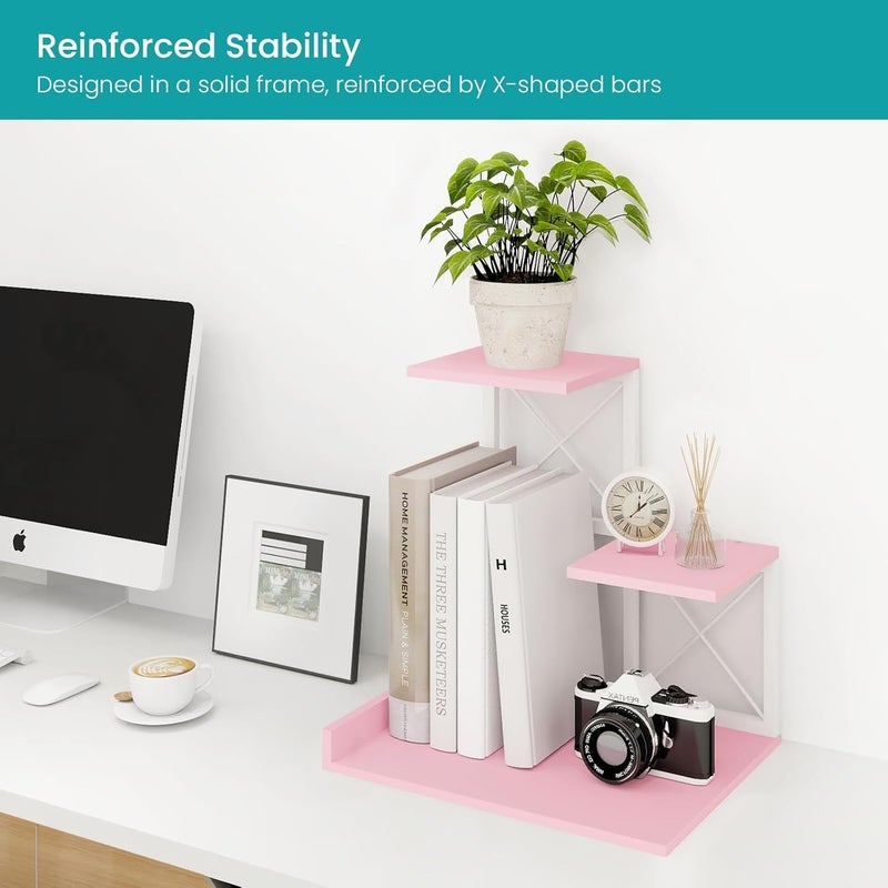 ELITEROO Desktop Shelf, Aesthetic Desk Organizer Table Top Mini Bookshelf, 3 Tier Wooden Desk Supplies Organizers and Storage Stand Cubicle Accessories for Women Office, Pink - Image 5